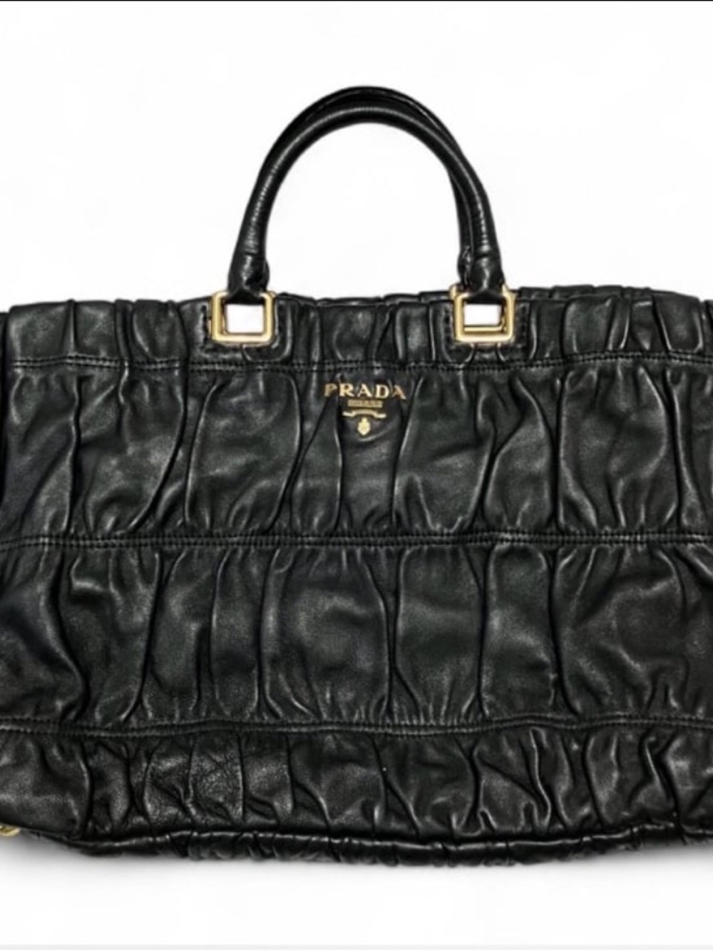 Prada⭐️Black Ruched Leather Tote with Gold-Tone Hardware